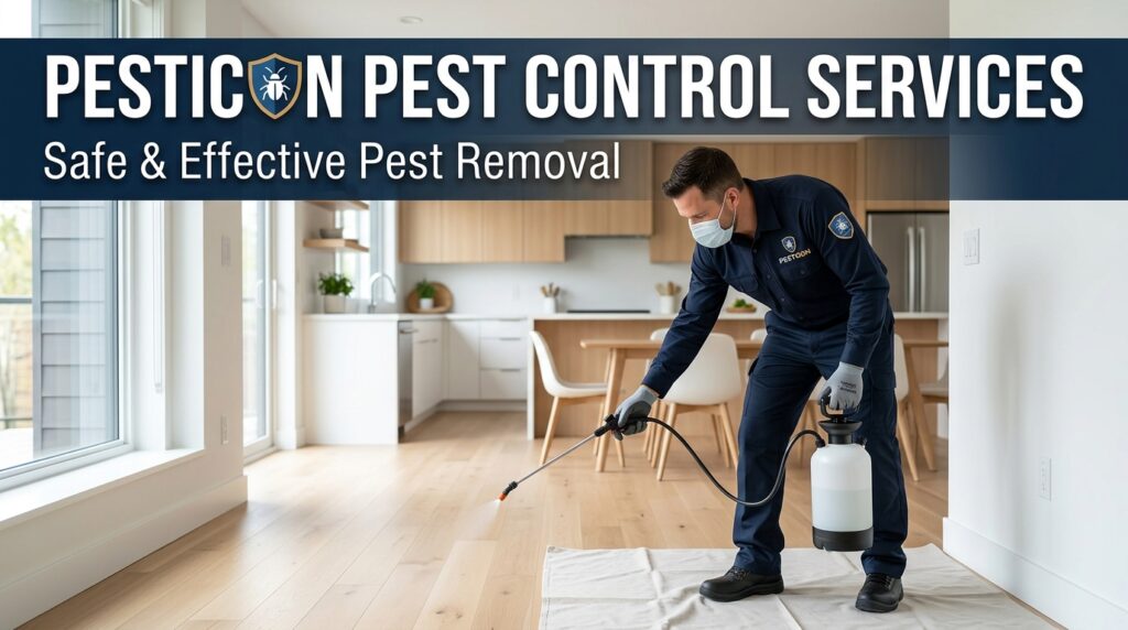Pesticon pest control technician spraying treatment in a modern home for safe and effective pest removal